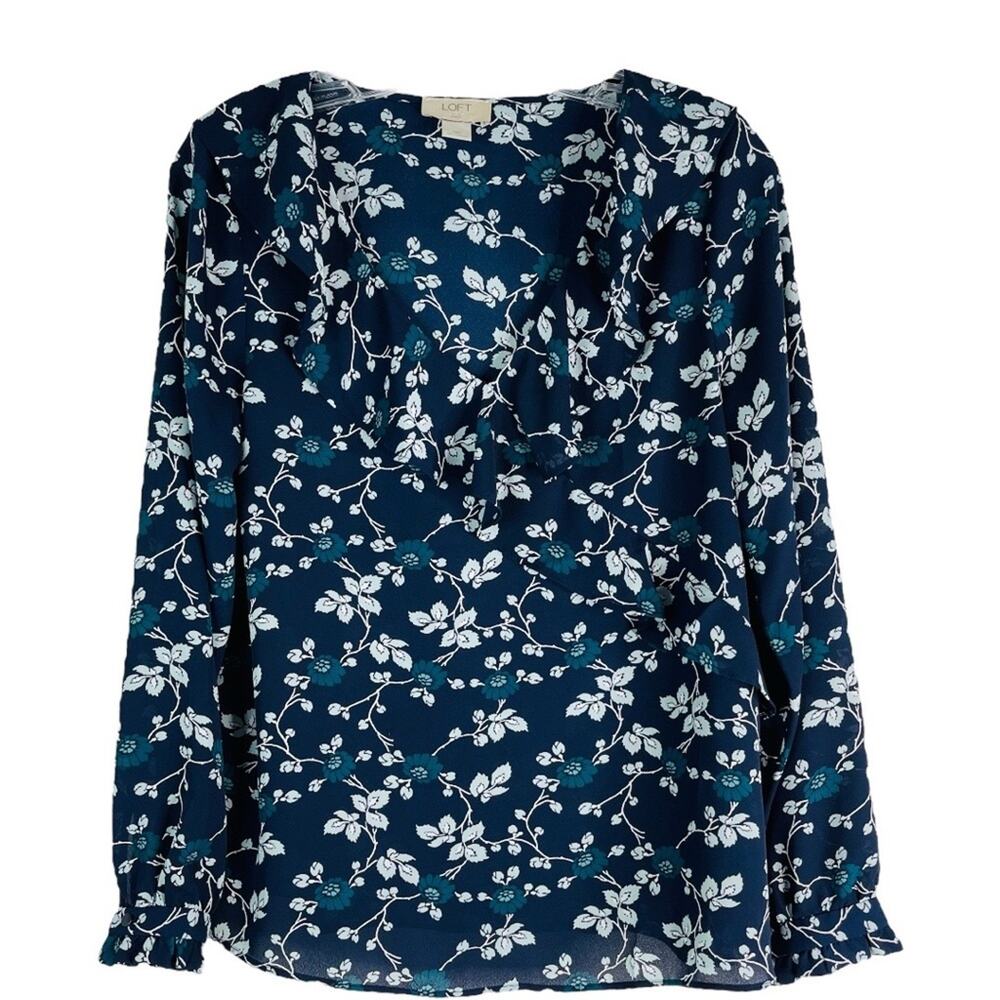 Loft blue white floral ruffle chiffon cottagecore office blouse MP